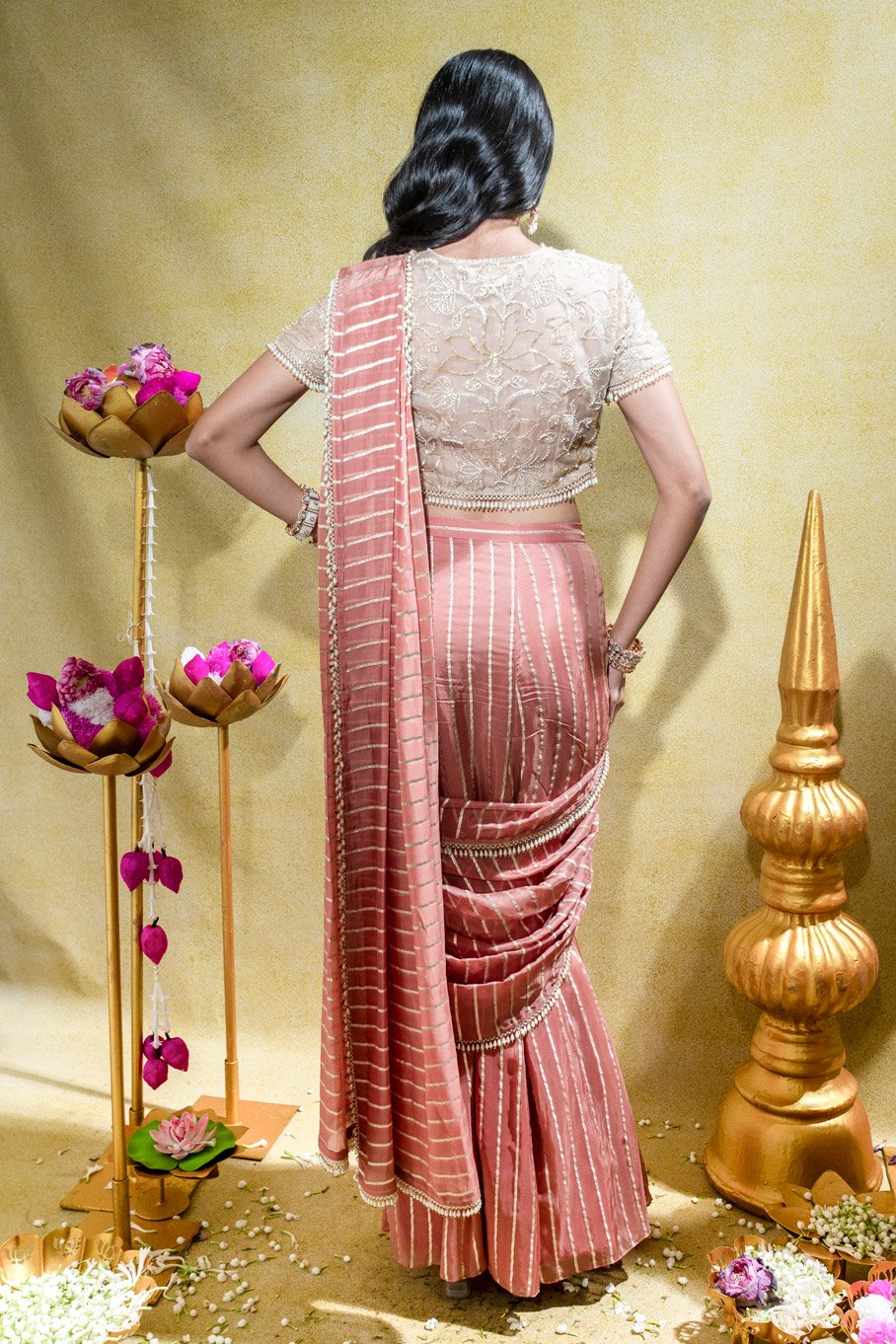 Ivory Embroidered Blouse with Dusty Peach Pre-Draped Saree - Image 7